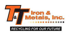 The T&T Iron & Metals, Inc. logo features orange and black lettering with the slogan, "Recycling for our future."