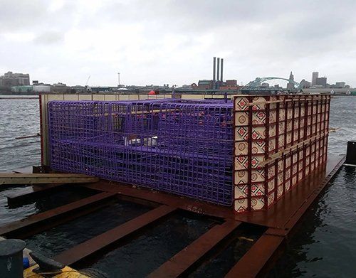 a large purple cage is sitting on top of a wooden platform in the water