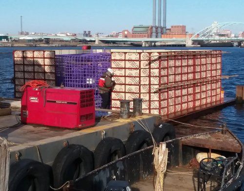 a man is standing on a boat with crates on it