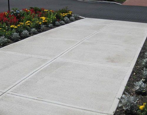 a concrete walkway with flowers on the side of it