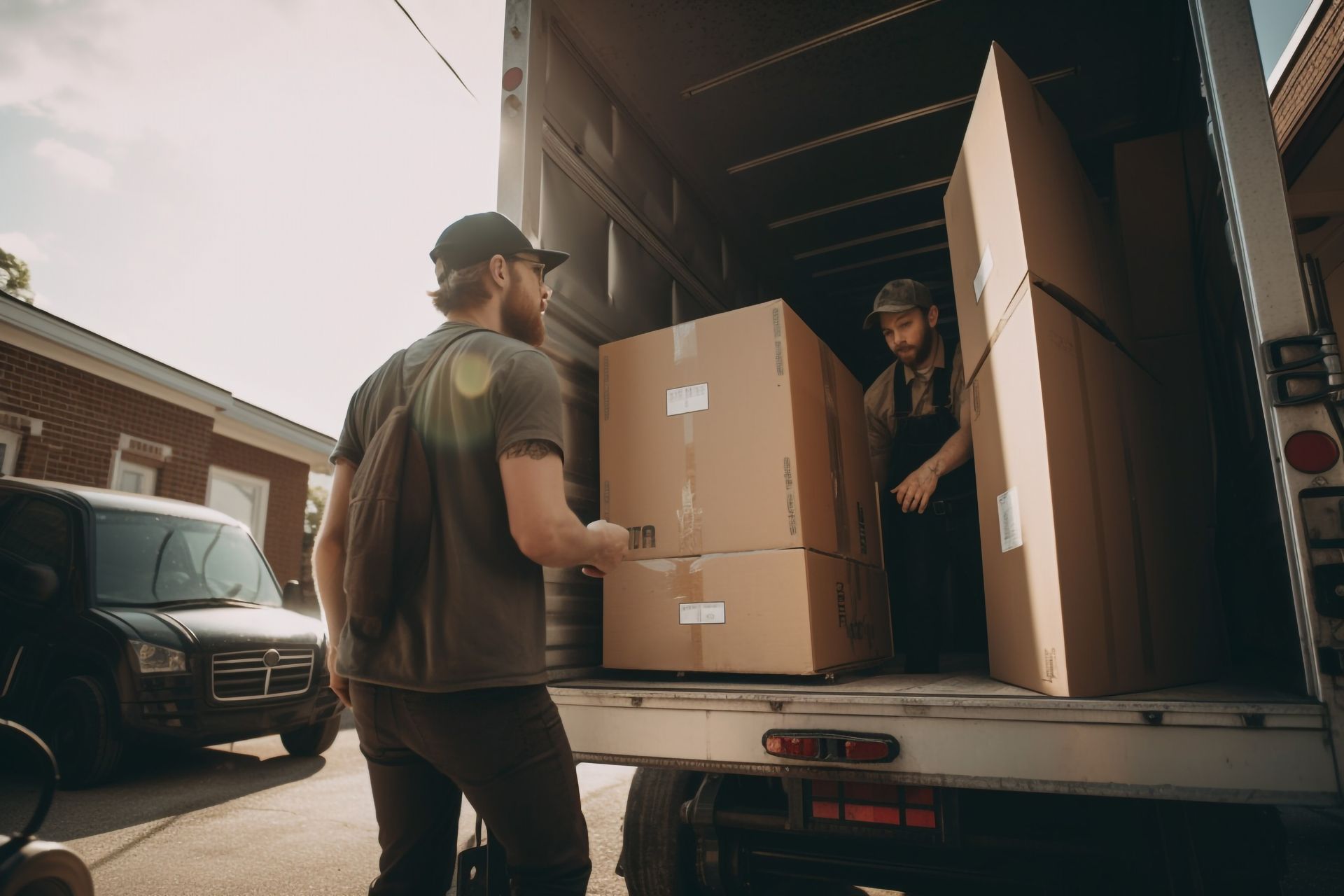 Worker from a moving company unloading items from the back of a truck.