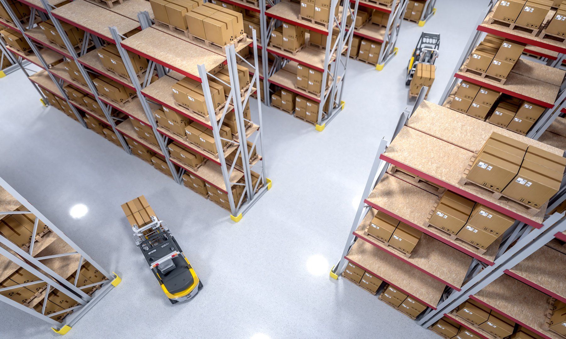 Busy warehouse interior bustling with neatly stacked goods ready for shipping.