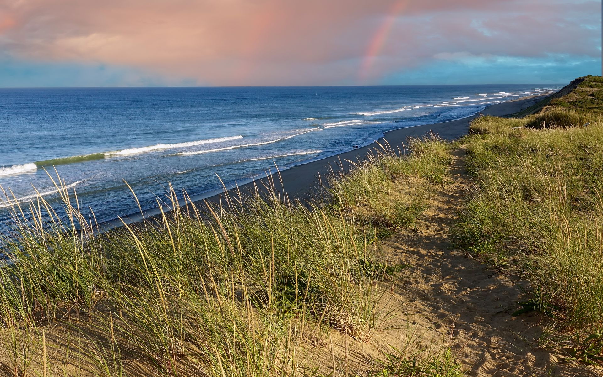 A path leading to the ocean with a rainbow in the sky