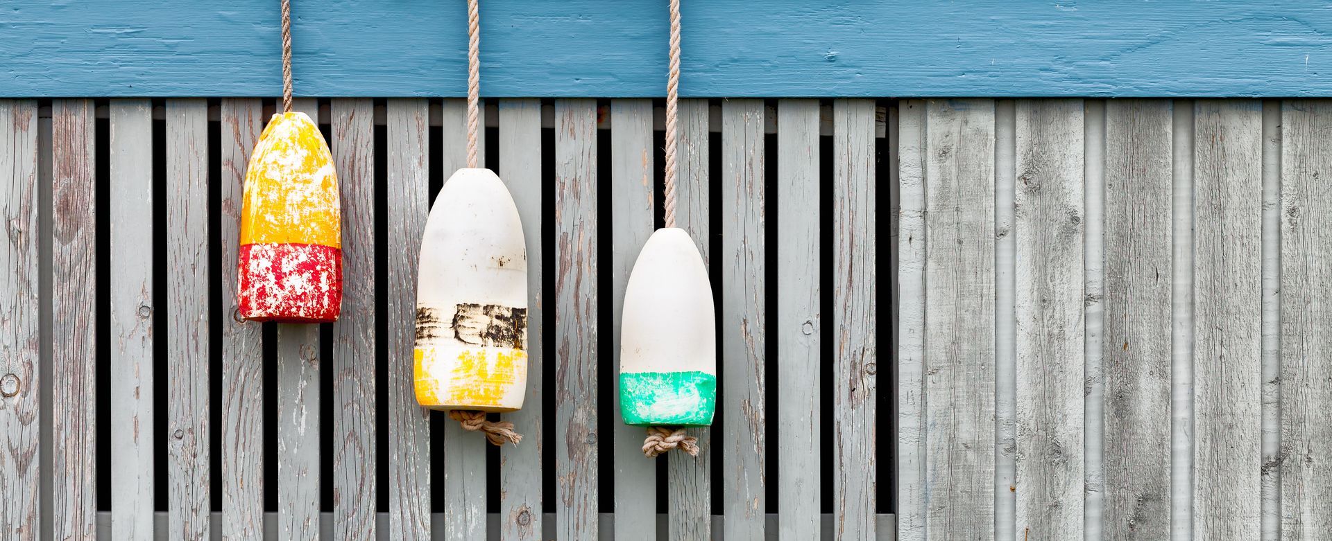 Three colorful buoys hang on a weathered wooden wall, with a blue top.