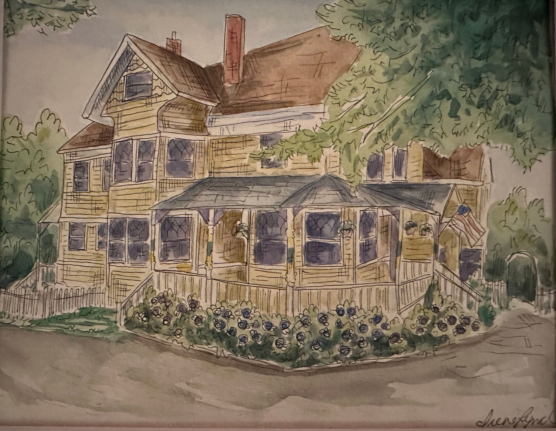 A watercolor painting of a house with a lot of windows