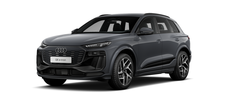 SUV Audi Q6 e-tron grigio scuro con dettagli neri, su sfondo bianco.