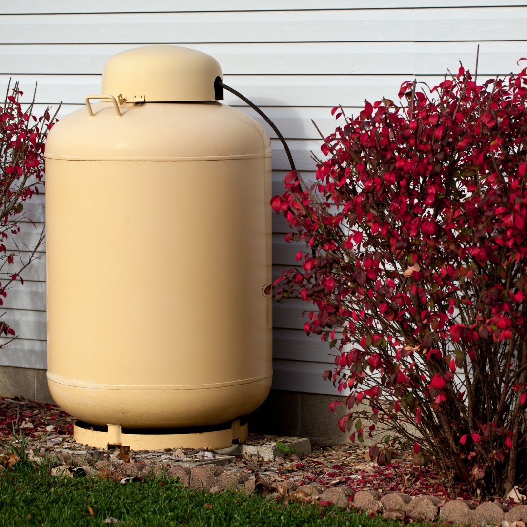 a propane tank sits outside of a house next to a bush with red leaves