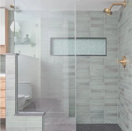 A bathroom with a walk in shower and a toilet.