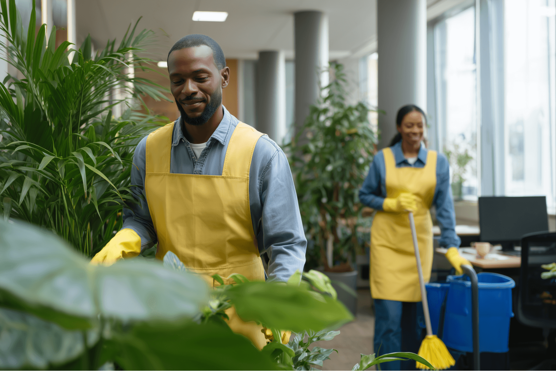 Commercial cleaning team servicing a modern office facility