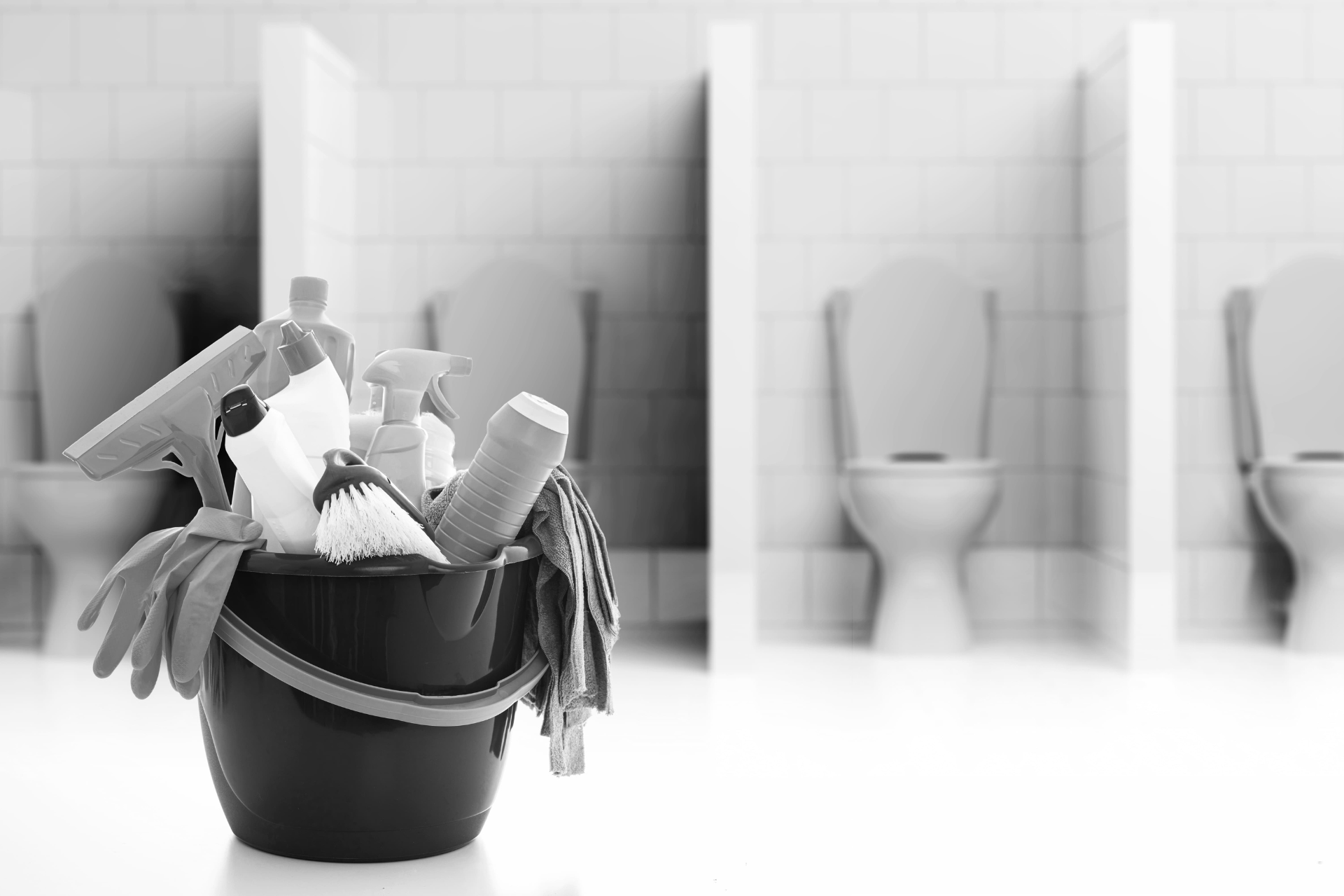 Cleaner sanitising a commercial restroom area
