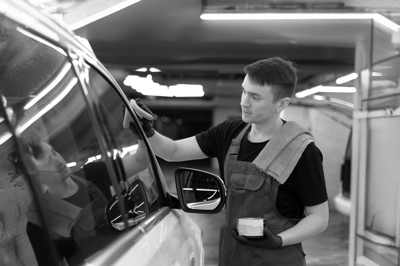 Technician performing a waterless car wash on a vehicle