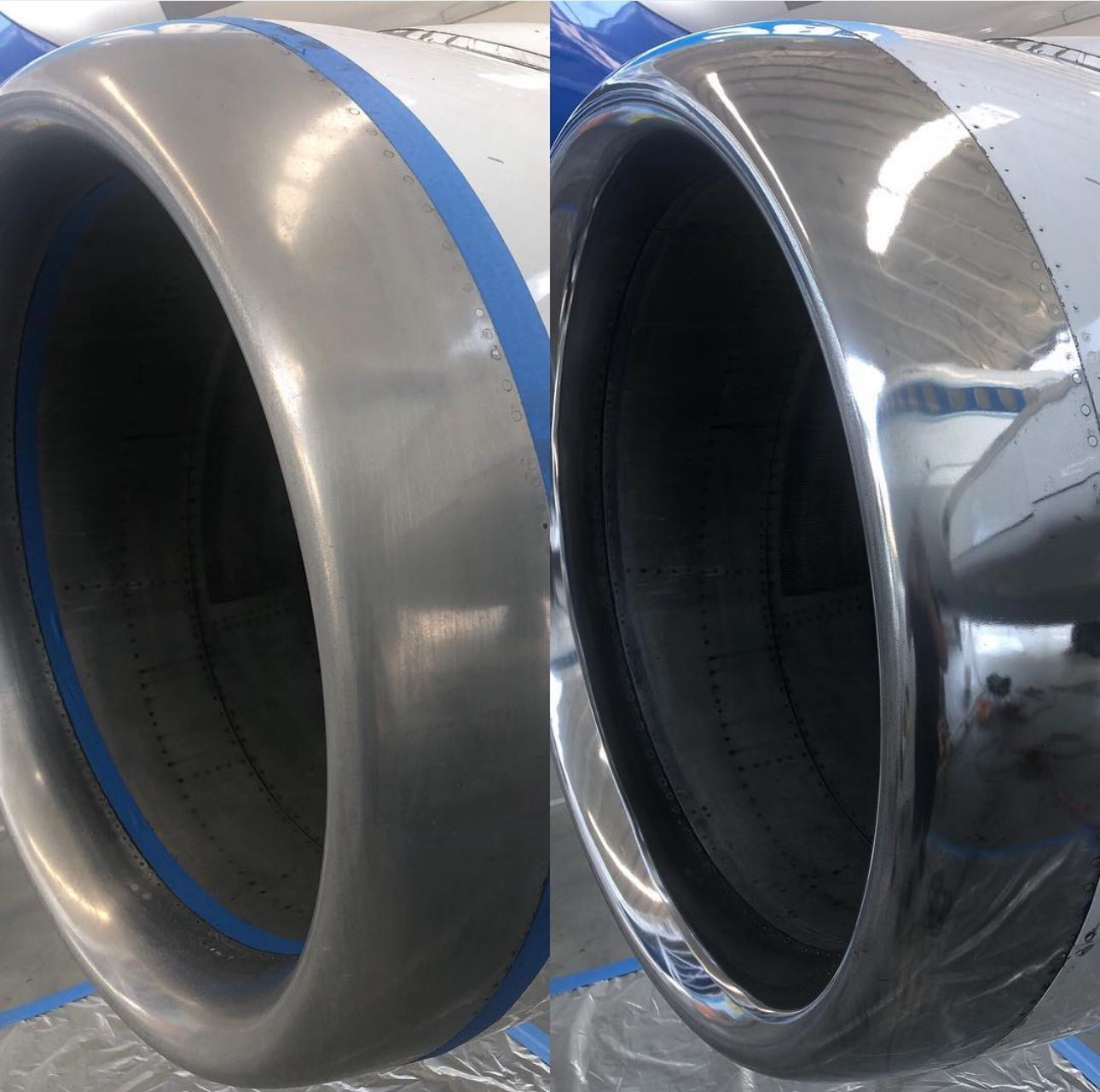 A close up of an airplane engine before and after being painted