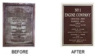 Comparison of a weathered bronze plaque (before) and a restored plaque (after) with text.