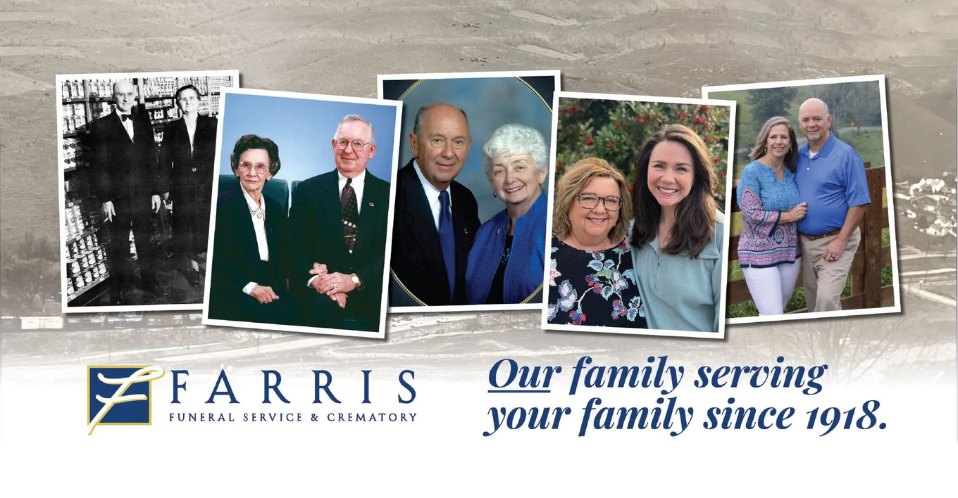 Farris Funeral Service advertisement featuring family photos from 1918 to present day. 