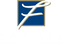 Blue square logo with a white script "F", gold outline, and white text below.
