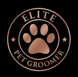 Logo: Rose gold paw print within a circle, "ELITE PET GROOMER" in a circular font on a black background.