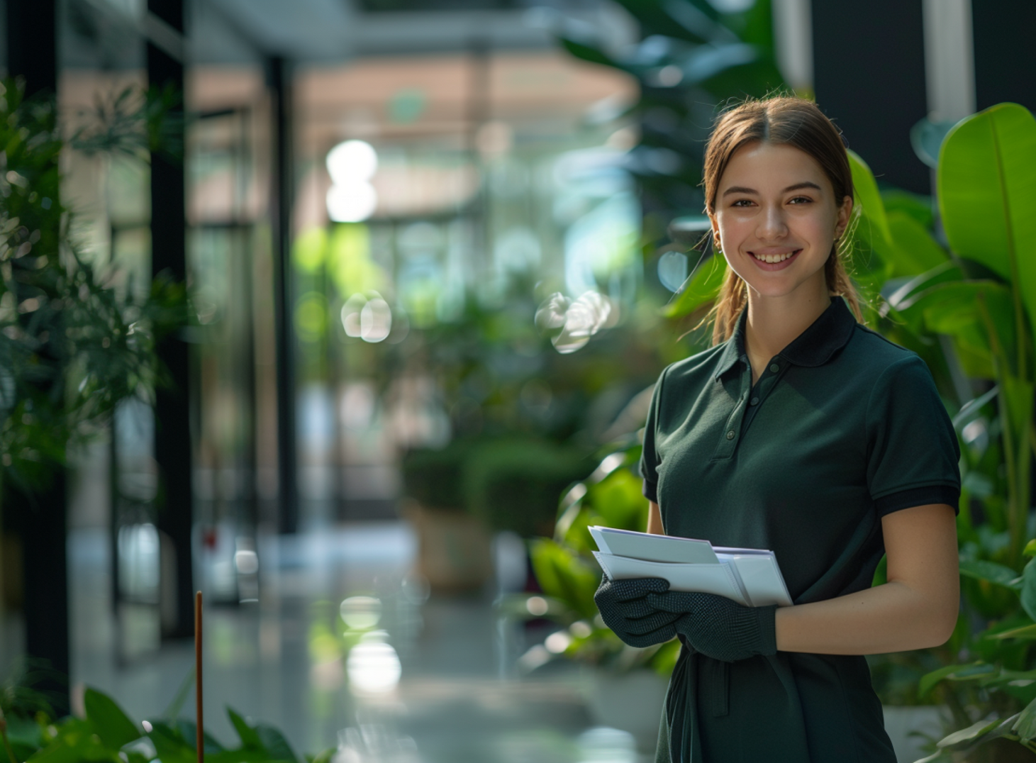 Woman in green uniform holding papers, smiling, surrounded by plants indoors.