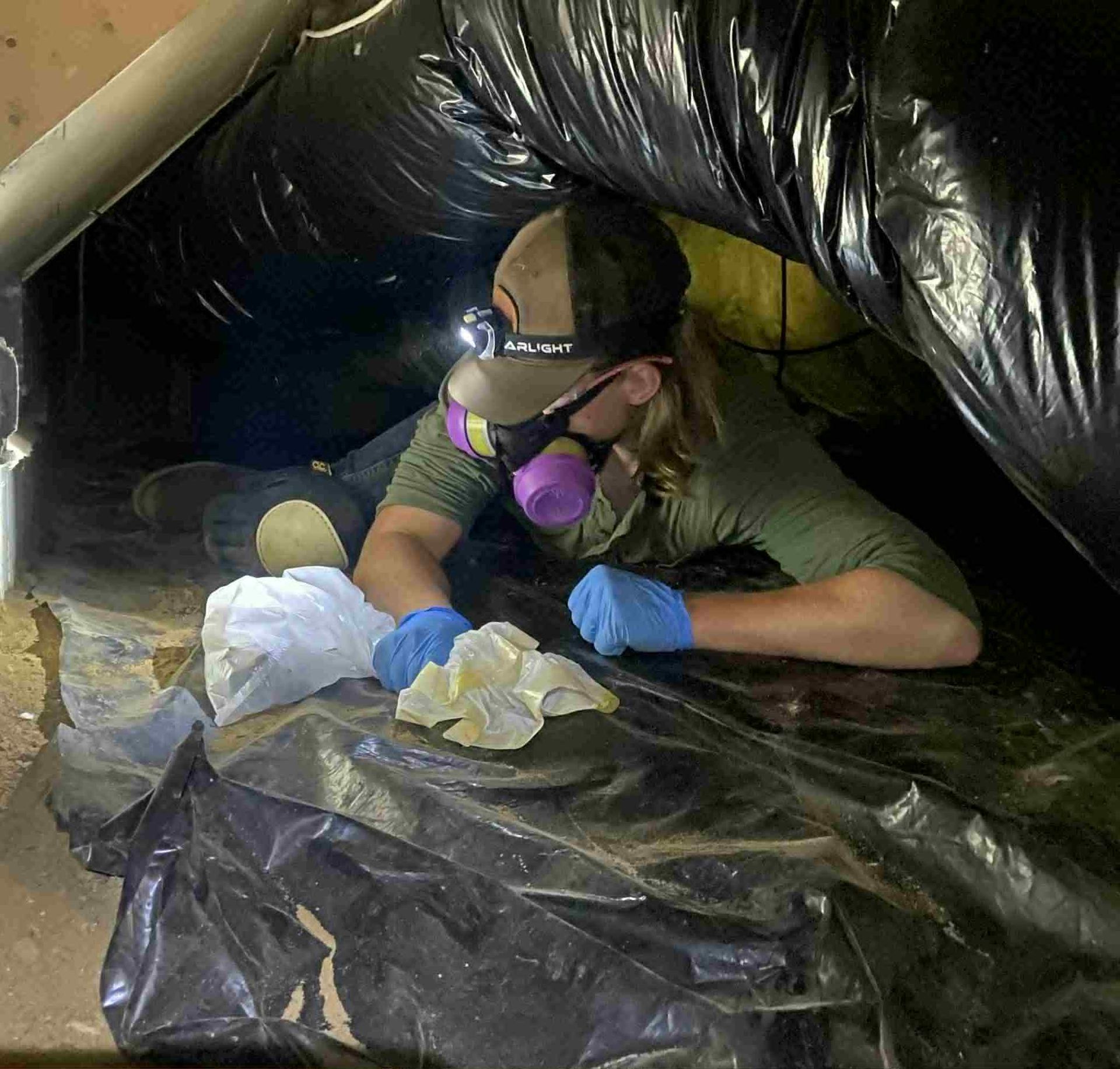Person in a crawlspace wearing a respirator and headlamp, cleaning with gloves.
