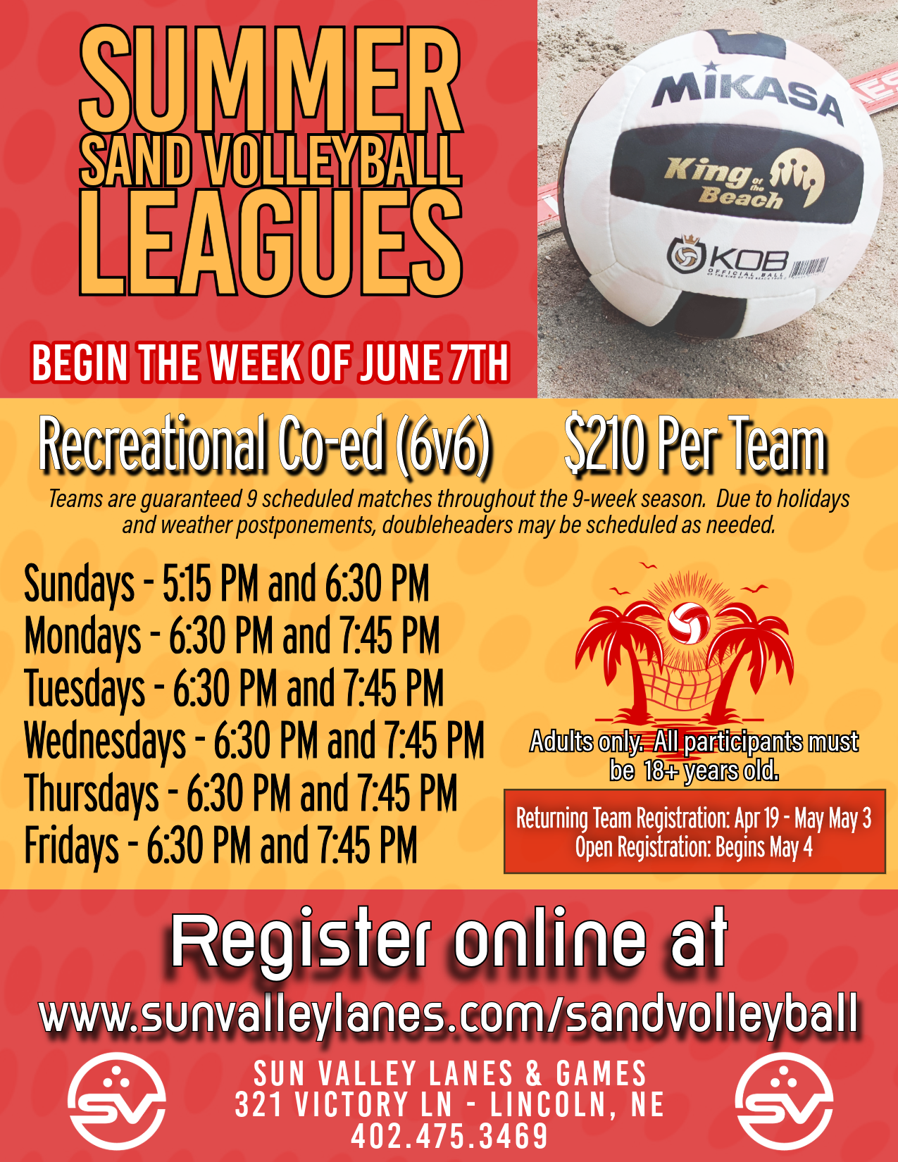 Spring sand volleyball league flyer will all league information, including start dates, times, and format.