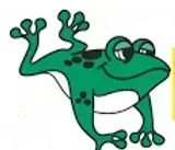 Green cartoon frog with spots, smiling and waving.