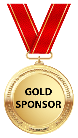 Gold medal with red ribbon, text reads 