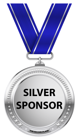 Silver sponsor medal with blue ribbon.