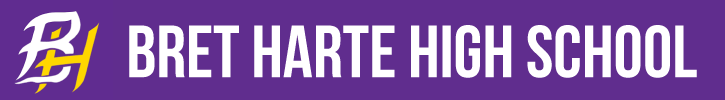 Logo for Bret Harte High School, purple banner with white text and emblem of a stylized
