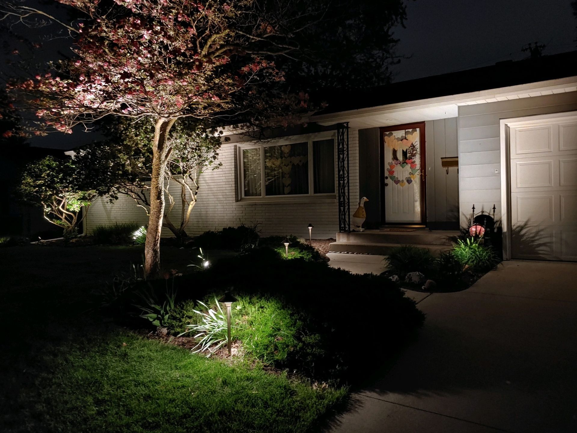A house at night, lit by landscape lights. A tree, front door, and garage are illuminated.