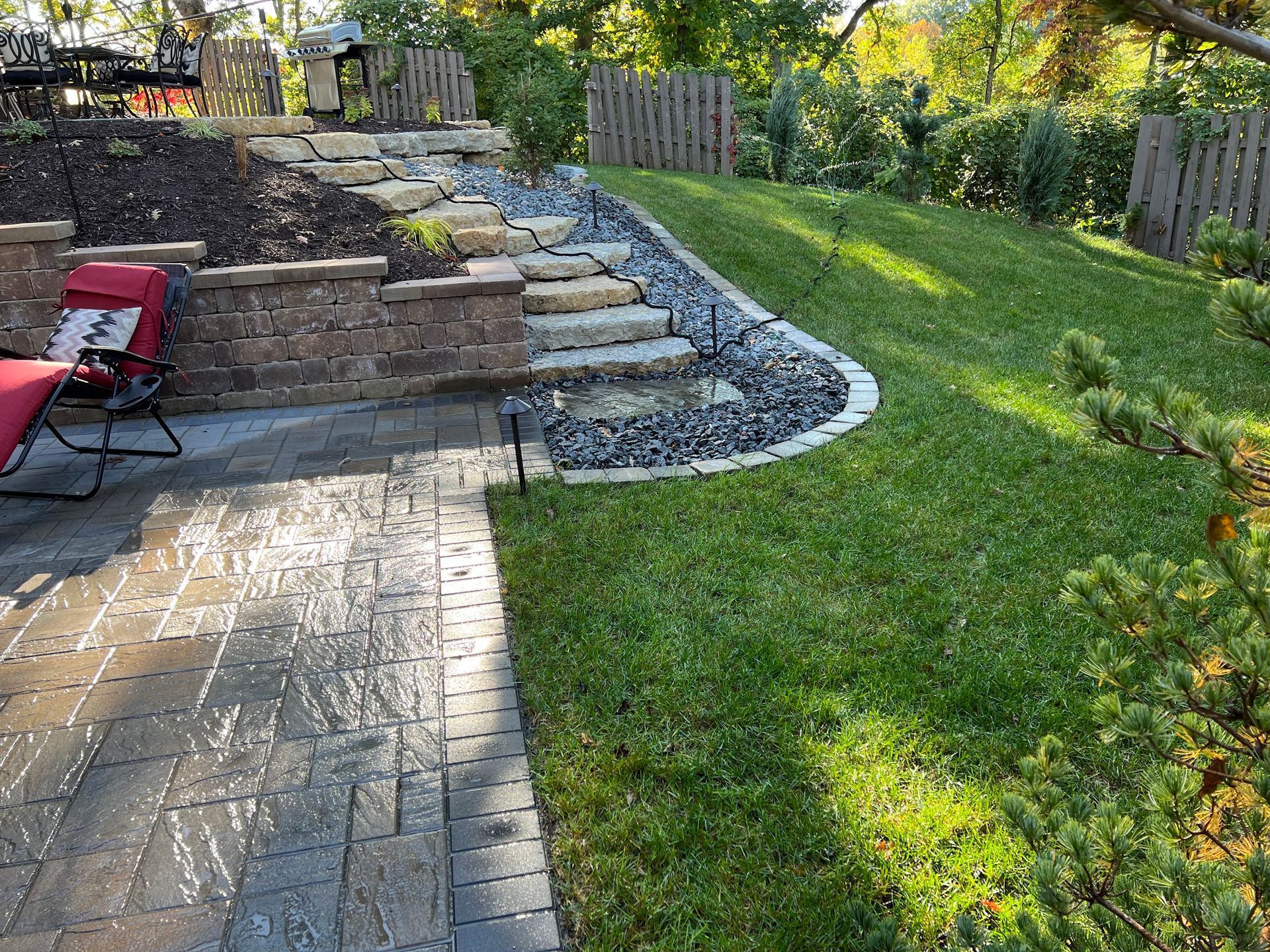 Patio with brick pavers, retaining wall, grass, and steps. Sunny day.