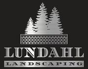Lundahl Landscaping logo with silver trees and brick wall on a black background. The business name is also in silver.