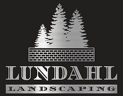 Lundahl Landscaping logo with silver trees and brick wall on a black background. The business name is also in silver.