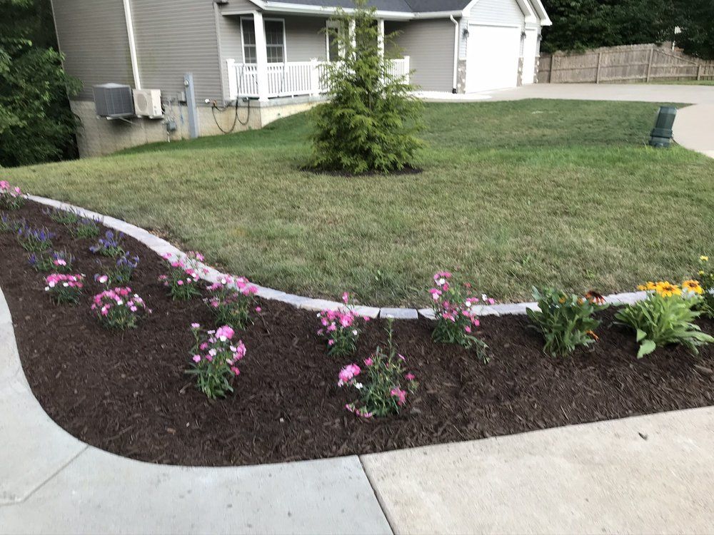 A front yard with a flower bed. Pink and purple flowers line a bed of brown mulch.