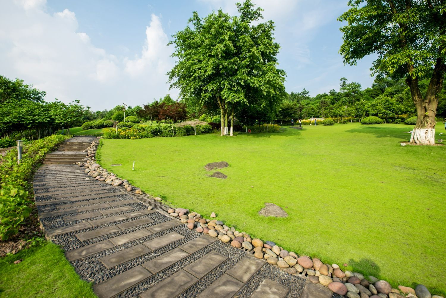 A stone path going through a grassy field in a park