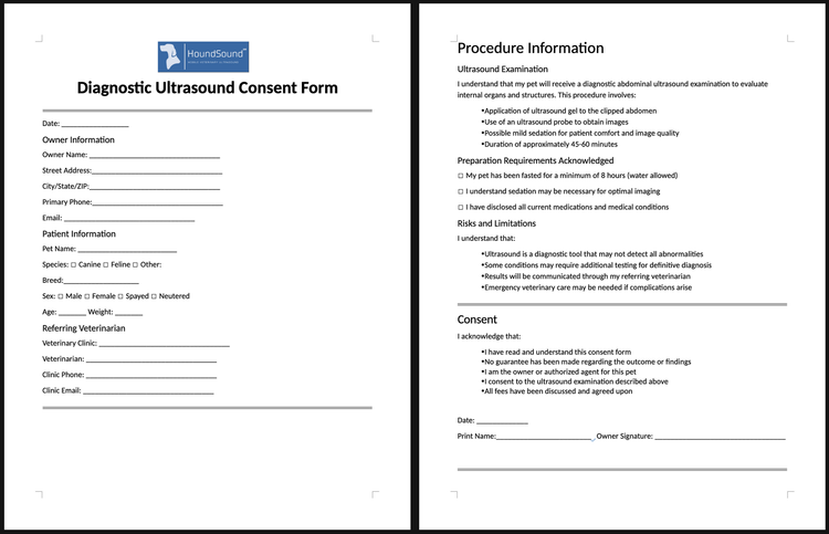 Diagnostic ultrasound consent form. Lists information about procedure and risks.