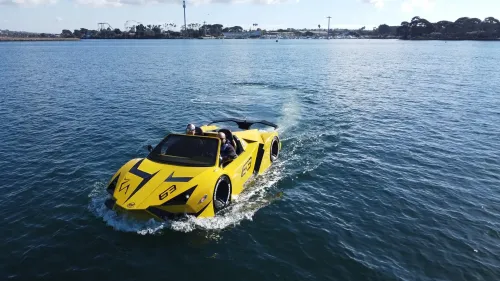 An aerial view of a boat being towed into the water