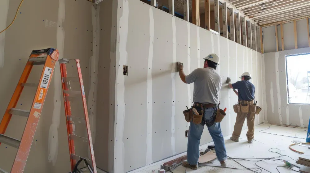 Two workers installing drywall on a construction site; one sanding in Huntley, IL