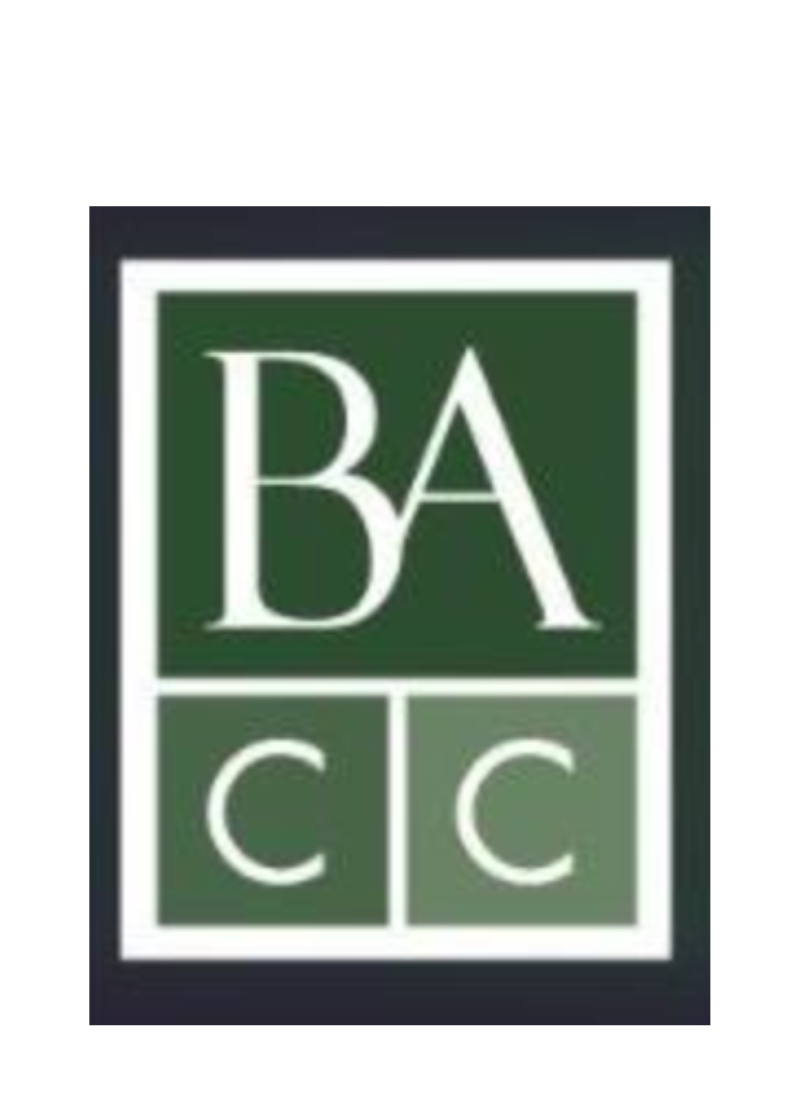 A green and white logo for ba cc