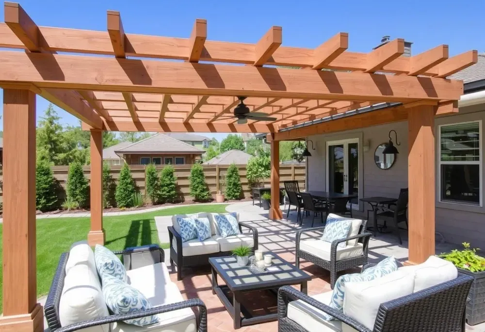 A patio with a pergola and furniture underneath it in Lindenhurst, IL.