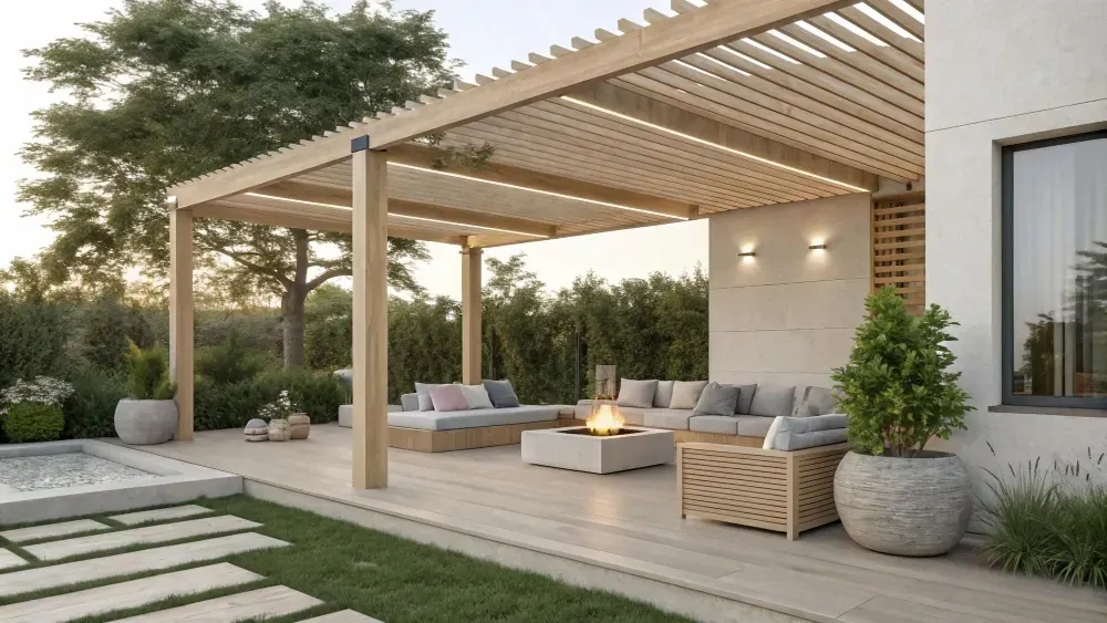 A patio with a wooden pergola and a fire pit in Lindenhurst, IL.