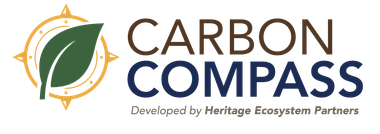 Logo of Carbon Compass with a leaf, compass design, and text, 