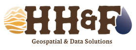 Logo for HH&F Geospatial & Data Solutions: brown text and water droplet with earth-like design.