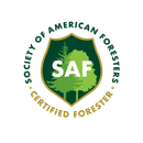 Society of American Foresters Certified Forester logo featuring a shield with a tree silhouette and the letters 