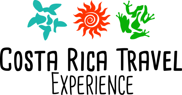 The costa rica travel experience logo has a sun , frog , and butterfly on it.