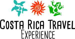 The costa rica travel experience logo has a sun , frog , and butterfly on it.