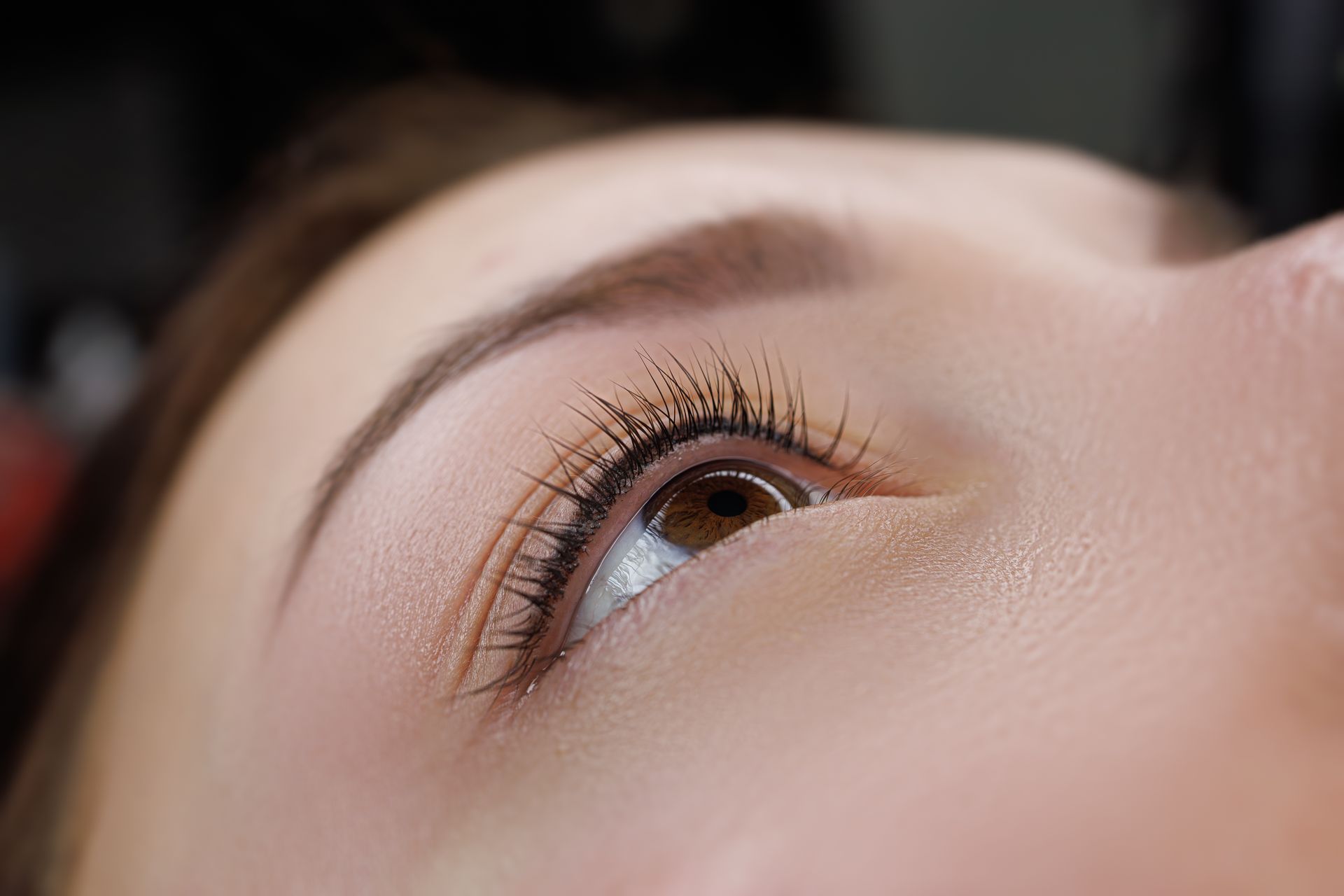 Close-up of eye with permanent eyeliner and well-defined eyebrow. Warm skin tones, looking upwards.