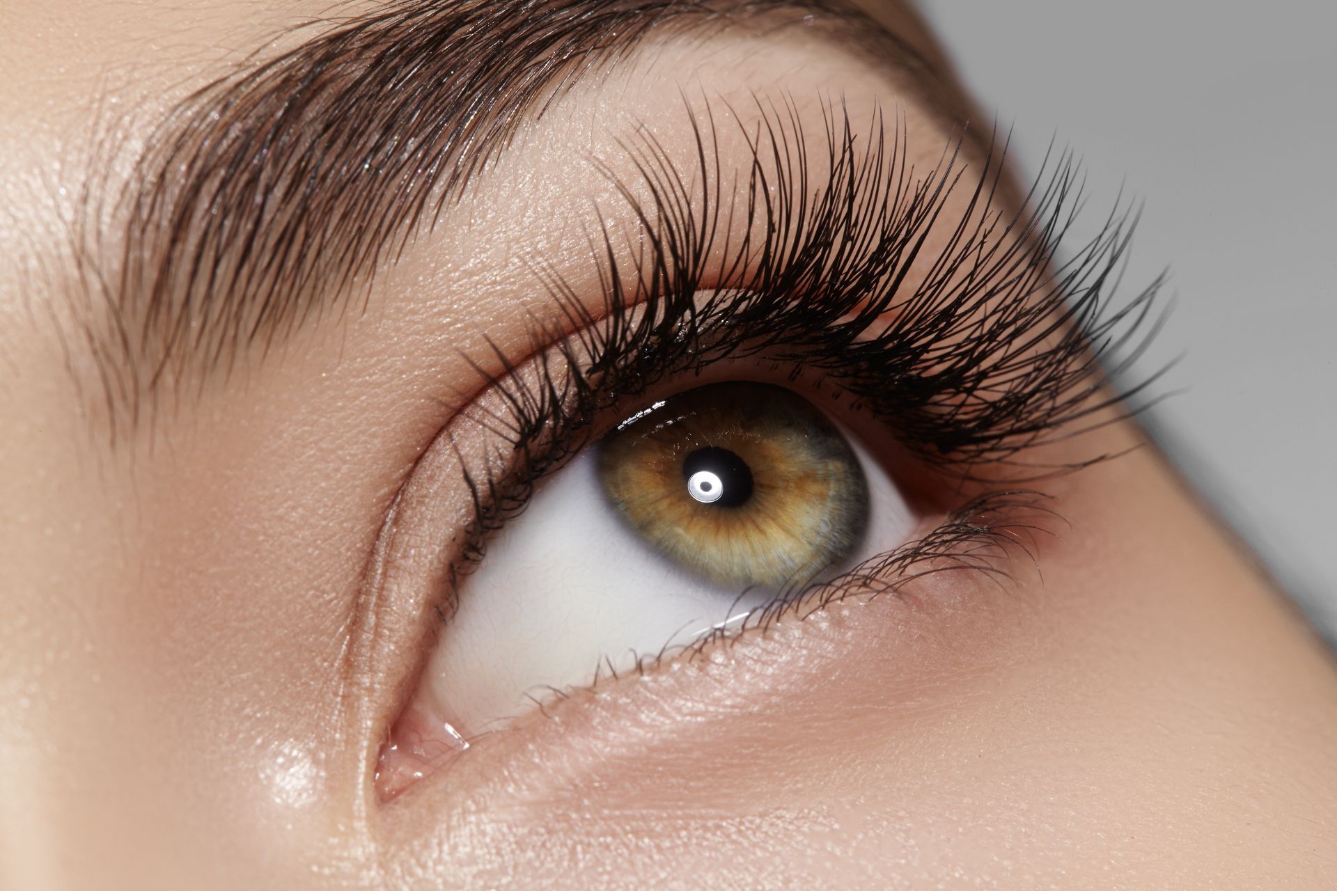 Close-up of a person's eye, green-brown iris, long dark eyelashes, arched eyebrow, and smooth skin looking upwards.