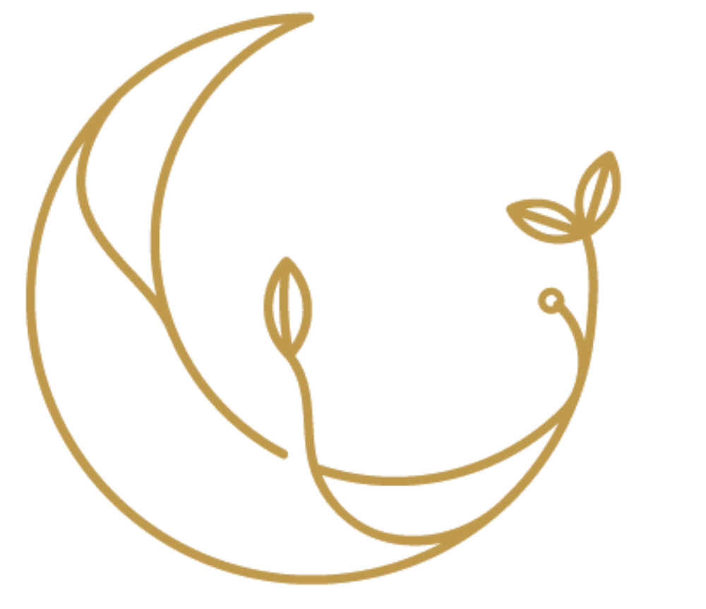 Golden crescent moon with sprouting plants.