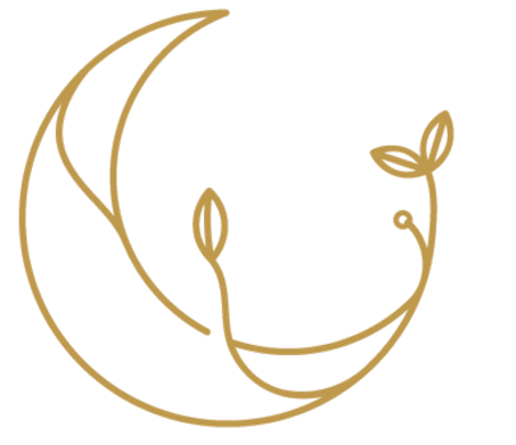 Golden crescent moon with sprouting plants.