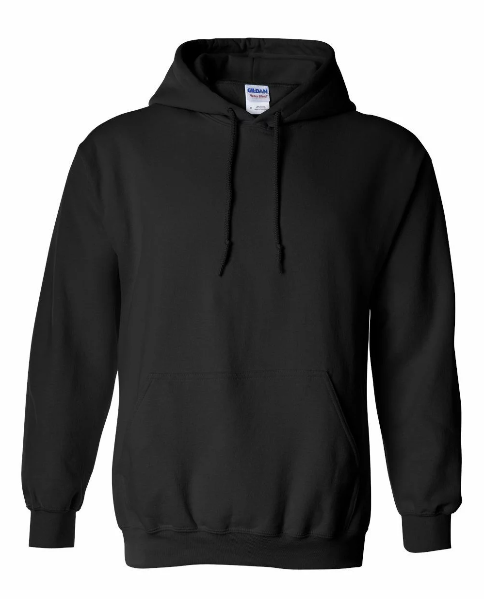A black hoodie is shown on a white background