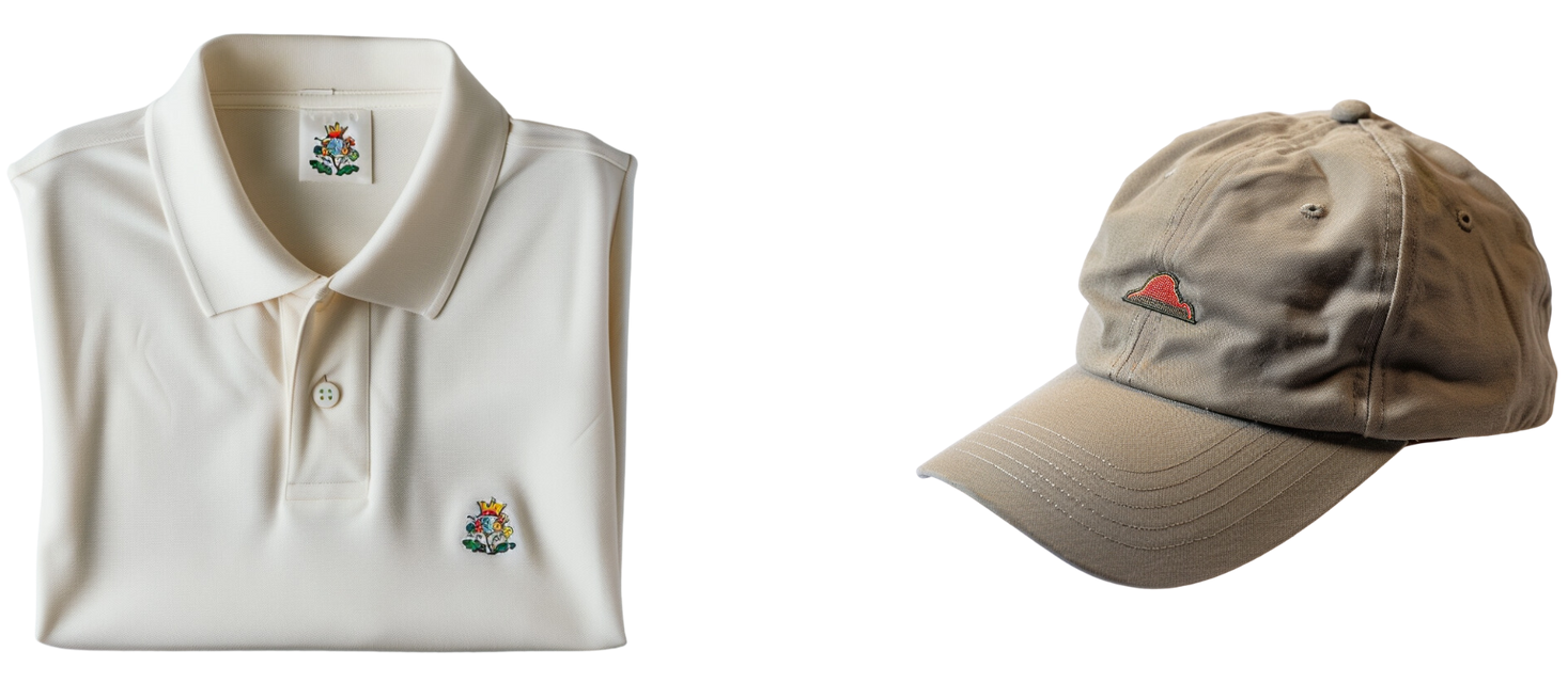 A white polo shirt and a tan baseball cap on a white background